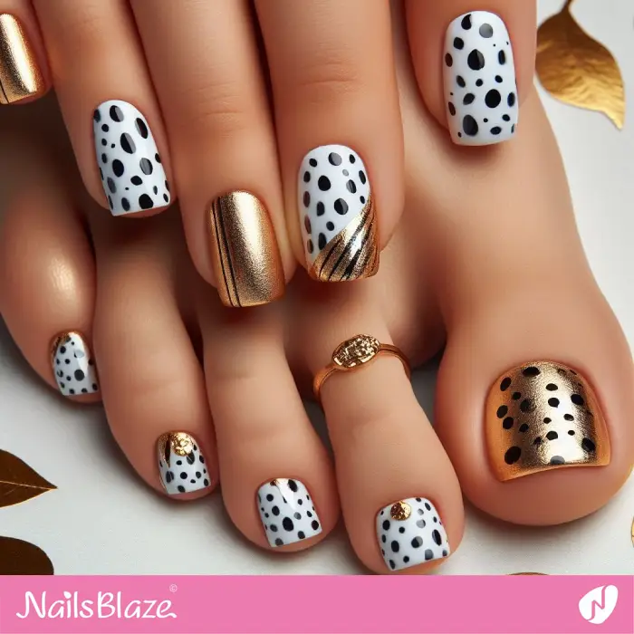 Dalmatian Print Manicure and Pedicure Design with Gold Foil | Animal Print Nails - NB2009